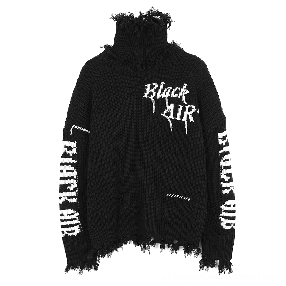 Black distressed turtleneck sweater flat lay front view - white typography prints and ribbed knit texture