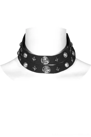 Black double-layer gothic choker necklace with silver skull and star metal accents, front view on white mannequin