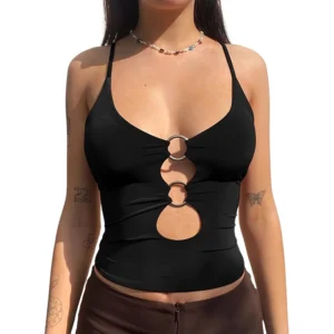 Black double ring hollow cami top with spaghetti straps, worn by model showing front view of gothic camisole