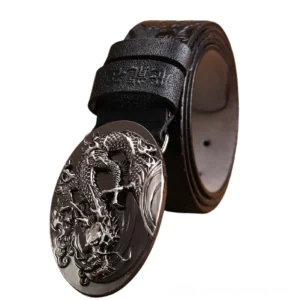 Black leather gothic belt with gunmetal dragon buckle - side profile view with embossed strap detailing