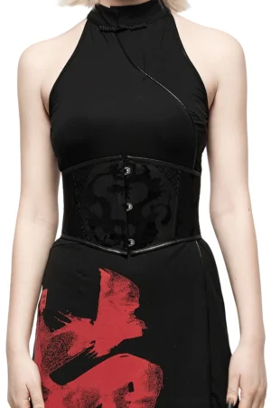 Black dragon velvet corset belt front view on model, featuring raised dragon print and metal snap button closure with leather trim edges