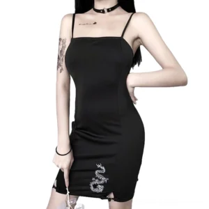 Black dragon embroidered gothic bodycon mini dress front view on model with spaghetti straps and side slit