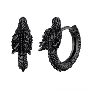 Black matte dragon hoop earrings with detailed scaled texture, gothic huggie style