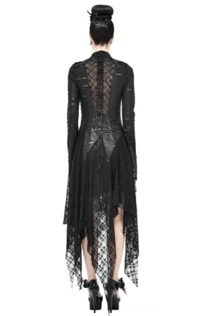 Black Dragon Spine Gothic Dress – Back view showing corset lace-up back and sheer lace skirt detail