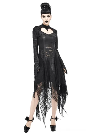 Black Dragon Spine Gothic Dress – Front view on model with asymmetric handkerchief hem and distressed lace overlay