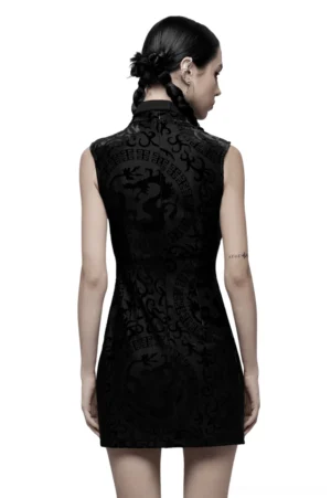 Black dragon velvet gothic dress back view fitted silhouette side slit detail