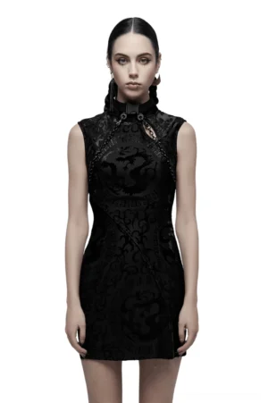 Black dragon velvet gothic mini dress front full-body view sleeveless A-line