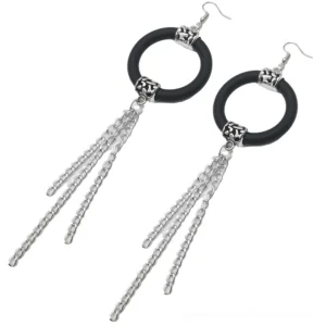 Pair of long black rubber drop earrings with double-strand silver chain tassels, overhead flat lay, 18cm total length