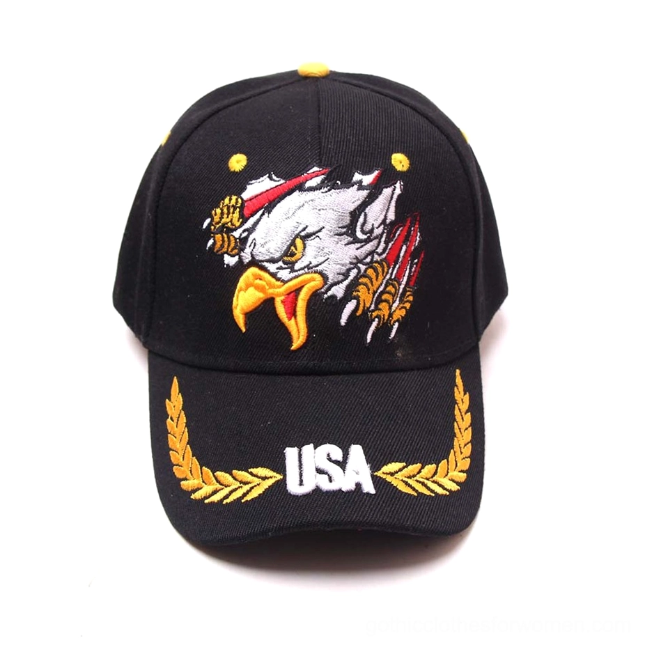 Black military gothic cap with detailed eagle embroidery and golden laurel wreath - front view