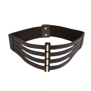 Black wide elastic corset belt front view with multi-strap design and central gold rectangular buckle fastener