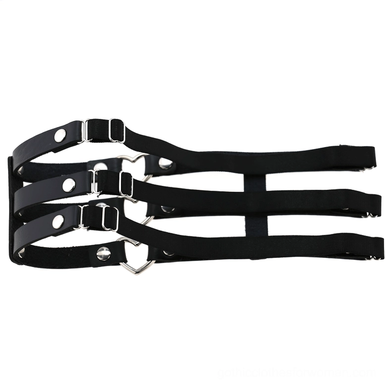 Black synthetic leather women's leg harness triple strap design with silver metal heart and rivet accents complete layout