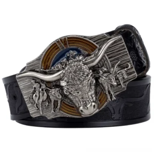 Black embossed gothic bull head leather belt with silver occult buckle, three-quarter front view, vintage alternative accessory