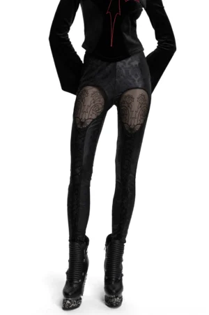 Black embossed gothic hollow out leggings with lace-up drawstrings, front three-quarter view on model