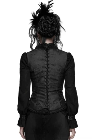 Black Embroidered Brocade Gothic Corset Vest - Rear Full-Body Model View with Lace-Up Back Closure