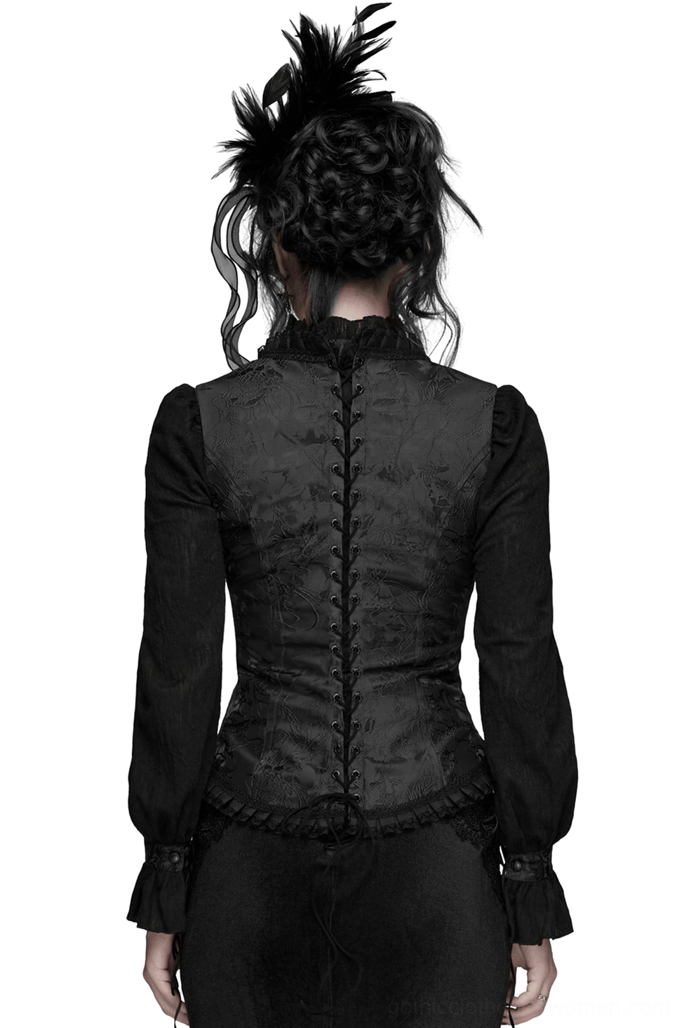 Black Embroidered Brocade Gothic Corset Vest - Rear Full-Body Model View with Lace-Up Back Closure