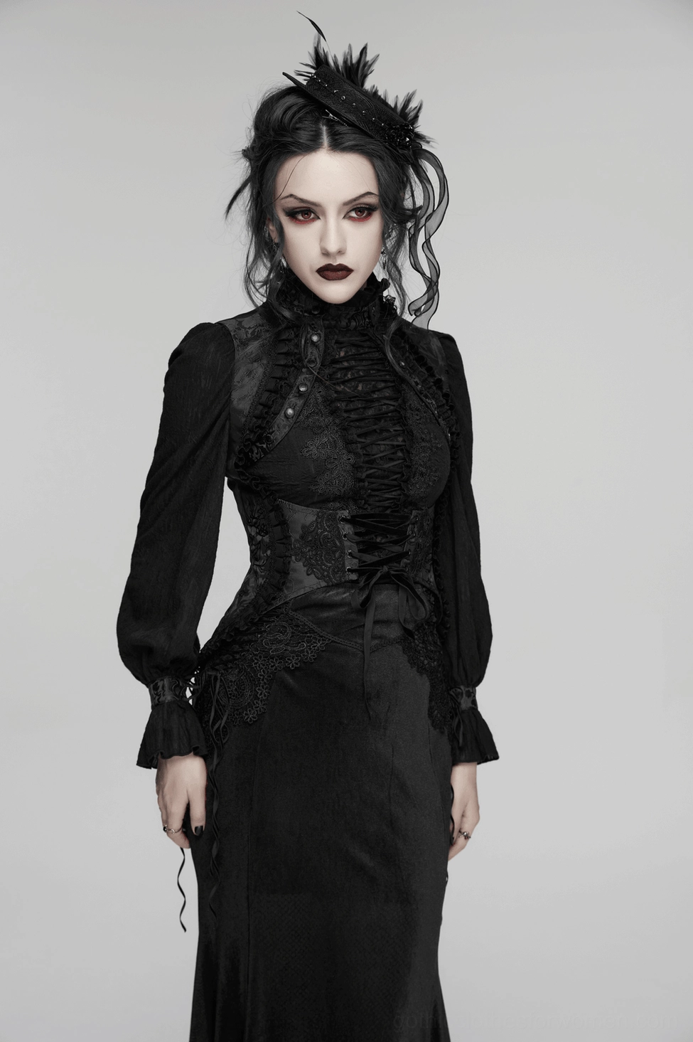 Black Embroidered Corset Vest with Adjustable Drawstring - Alternative Fashion Detail