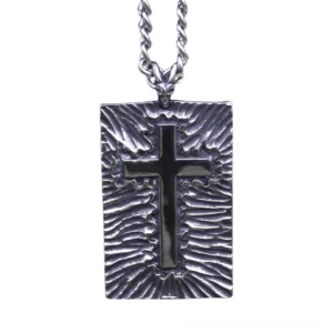 Black Enamel Cross Pendant with Radial Striped Texture - Silver-Tone Stainless Steel Gothic Necklace