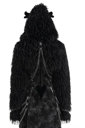 Black faux fur gothic cape with antlers displayed from back, showcasing metal chain decorations and heart pendant