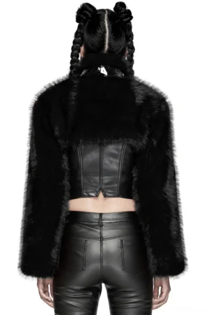 Black faux fur cropped gothic jacket rear view showing high neck stand collar and cropped waist length hemline on female model