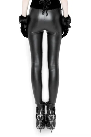 Black faux leather gothic leggings rear view showing high-waisted fit and tapered silhouette