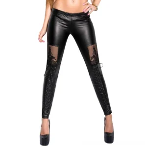 Black faux leather gothic leggings with lace mesh panels and lace-up knee details, front full-body view on model