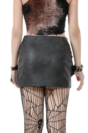 Black leather mini skirt back view showing high waist fitted silhouette and smooth matte finish