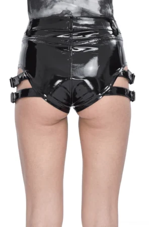 High-waisted black gothic shorts rear view displaying metallic buckle hardware, shiny patent leather texture, and hip strap details from back