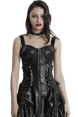 Black faux leather underbust corset front view on female model, showing structured bust design, metal D-rings, adjustable shoulder straps, and gothic aesthetic