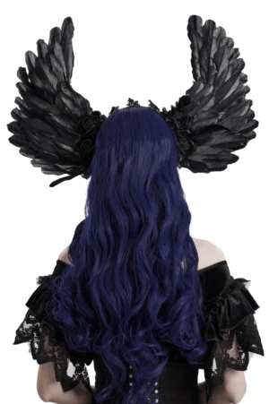 Gothic black feather angel wings headpiece back view displaying feather wing construction and lace crown detail from rear angle