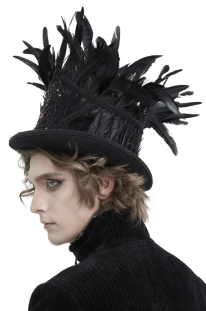 Black feathered top hat with red gem accents side profile view showcasing feather detail
