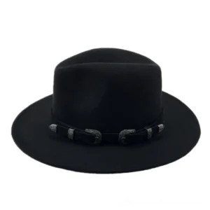Matte black fedora hat with western-style buckle belt trim and soft felt texture - studio shot