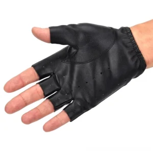 Half-finger leather gloves front view displaying palm perforations and elastic wrist cuff, hand wear demonstration