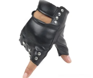 Fingerless biker gloves in black leather on model hand, side close-up showing rivet details and half-finger cut design