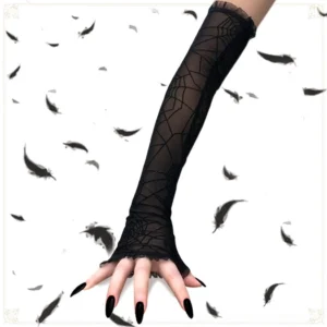 Long black mesh fingerless gloves with spider web print side view on female model arm, feather background aesthetic