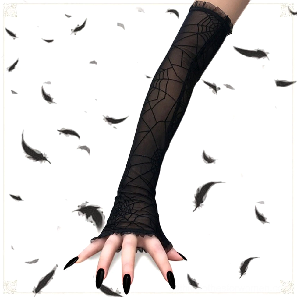 Long black mesh fingerless gloves with spider web print side view on female model arm, feather background aesthetic