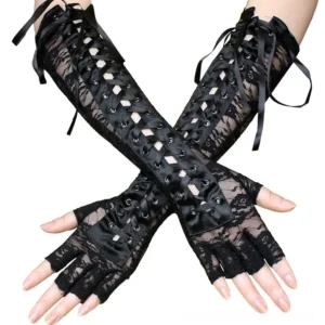 Black fingerless lace gloves with satin ribbon lacing and metal eyelets, displayed overhead on crossed female arms against white background