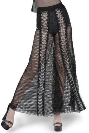 Black fishnet chain lace-up flare pants front low three-quarter view on female model with white studio background