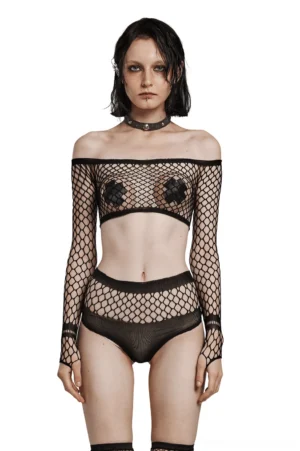 Black fishnet off-shoulder gothic lingerie set with long sleeves - front full body view on model