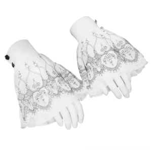 Pair of black rose snap button flared lace gloves on mannequin hands, flat front view displaying intricate lace embroidery