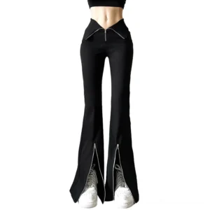 Black high-waisted flared pants with V-shaped zipper waist and split hem zippers, front full-body view on model