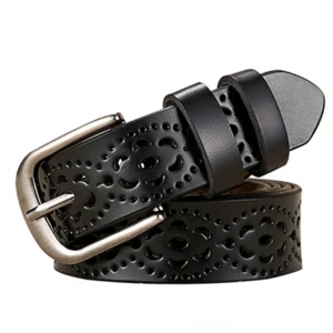 Black gothic floral carved leather belt with hollow pattern details, metal pin buckle closure, top view