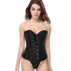Black floral gothic corset front view with bow detail and sweetheart neckline