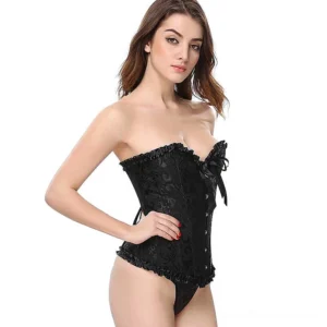 Black floral lace-up gothic corset side view with ruffled hem and sweetheart neckline
