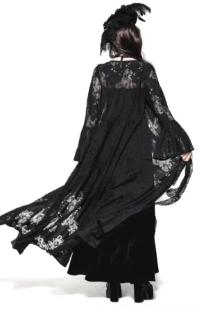 Black floral lace gothic cape back view showing all-over lace pattern and floor-length hem on female model