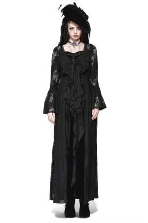 Black floral lace gothic cape with bell sleeves and bow tie front studio view on female model