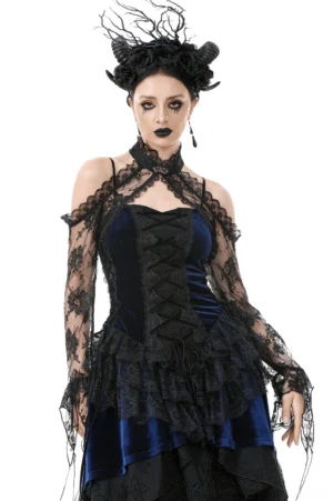 Black floral lace gothic shrug with tassel flared sleeves, front full view on model showcasing off-shoulder halter neckline and sheer embroidered mesh