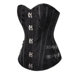 Black floral overbust steampunk corset front view with metal claw clasps and side leather buckles