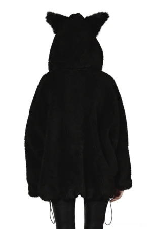 Black fox ear gothic hooded fleece jacket back view on model, showing drawstring hem and fluffy texture
