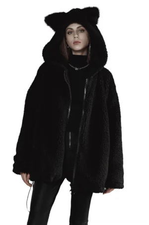 Black fox ear gothic hooded fleece jacket front three-quarter view on model, oversized fit with fluffy ears