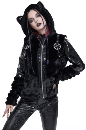 Black fuzzy cat ear hooded gothic jacket with pentagram pendants, front three-quarter view on model with goth makeup